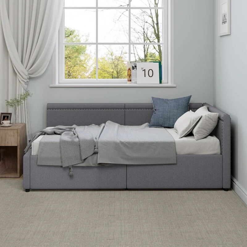 Modern Style Twin Size L Shape Corner Bed, Linen Upholstered Daybed with Two Storage Drawers