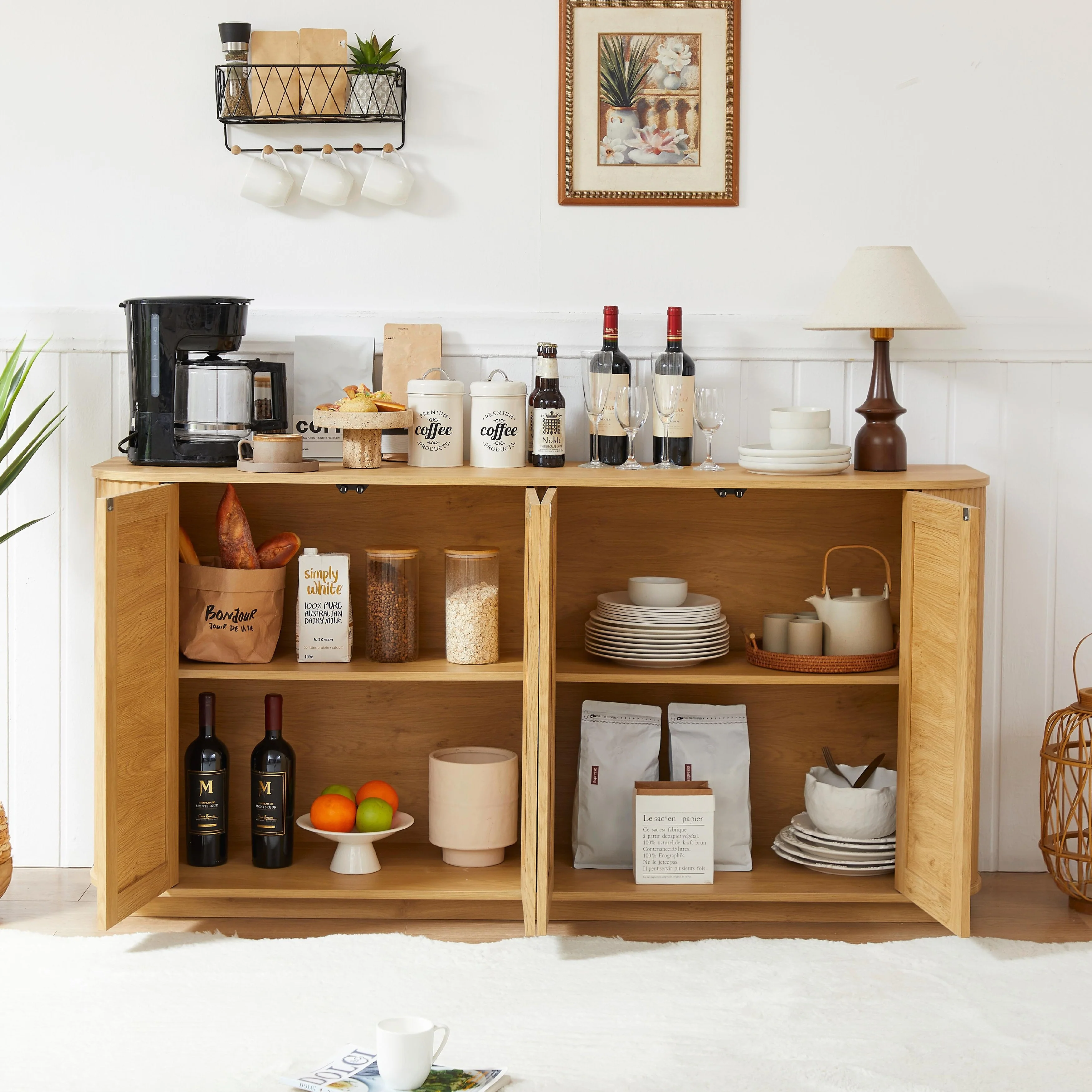 64-Inch Wave Shaped TV Stand, Wood Vertical Striped Cabinet with Rattan Doors