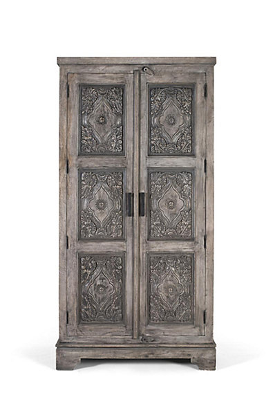 Armoire 2 portes sculptées à la main en bois de manguier gris