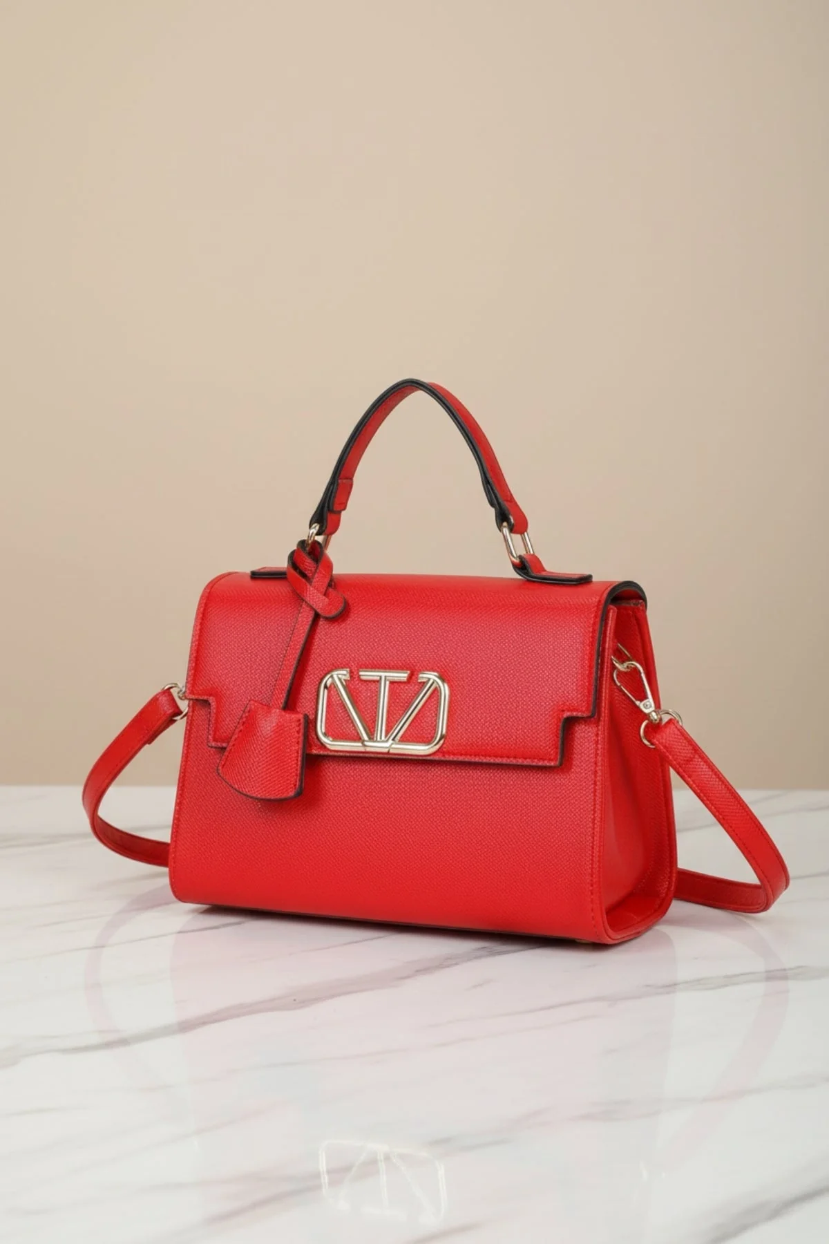 Red Grab Handle Flap Bag