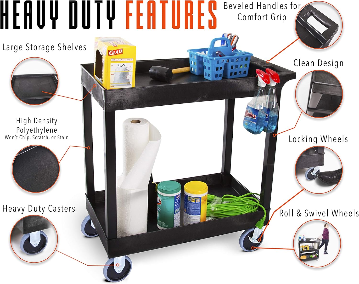 Stand Steady Tubstr 2 Shelf Utility Cart Supports Up to 250 lbs - Heavy-Duty Plastic Service Push Cart with Deep Shelves and 5 Casters, for Offices, Warehouse Storage, Garage (Black, 32 x 18 x 51)