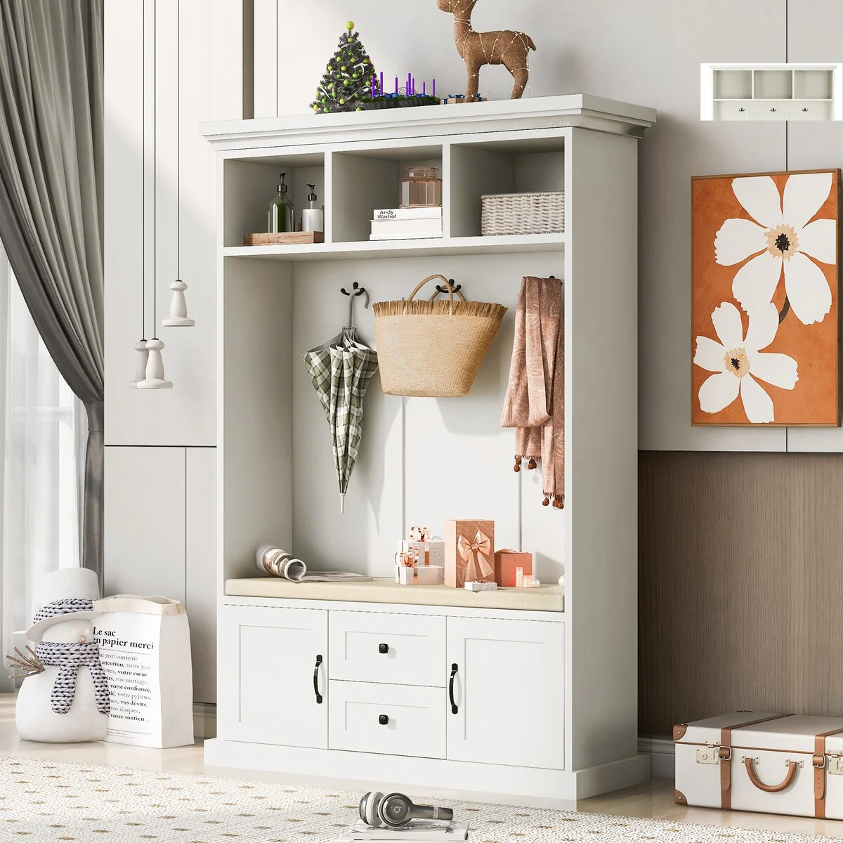 Hall Tree with 3 Hooks , Coat Hanger, Entryway Bench, Storage Bench, 3-in-1 Design, 47.2INCH, for Entrance, Hallway