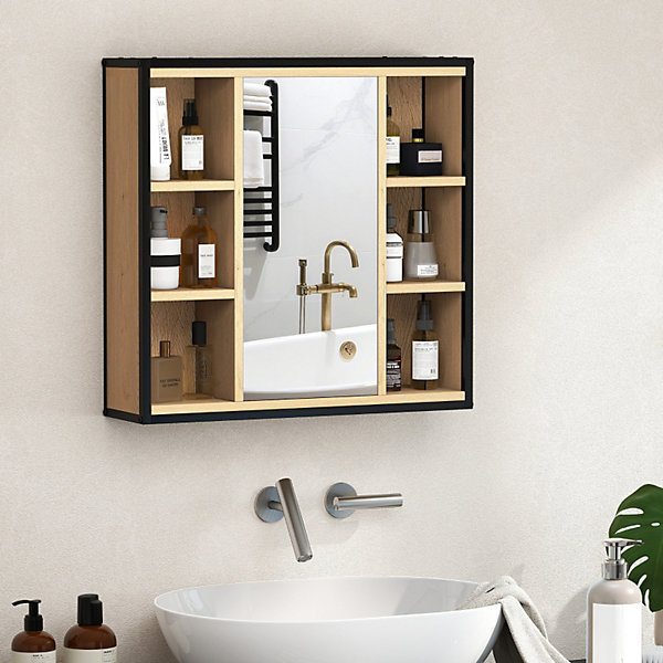 Armoire de salle de bain avec miroir, 6 compartiments ouverts, étagère à 3 niveaux, fixation murale, chêne