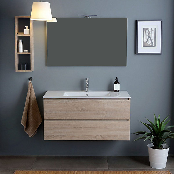 Armoire De Salle De Bain Murale De 100 Cm Avec 2 Tiroirs En Chêne Naturel, Lavabo Et Miroir 100X60