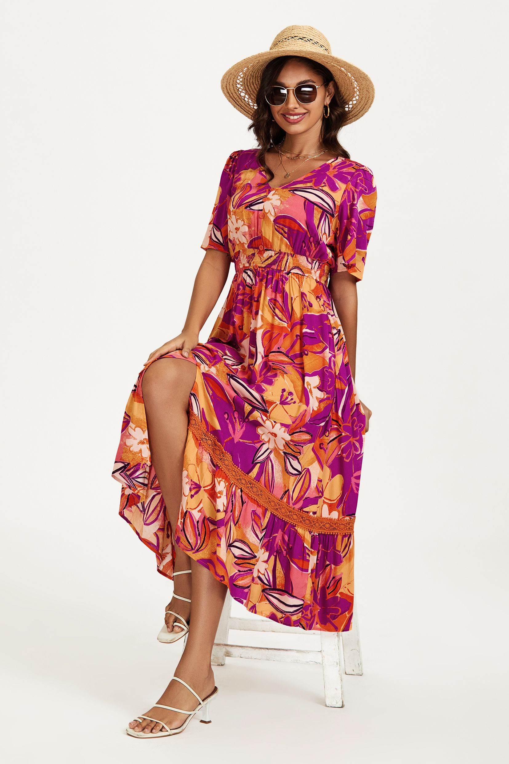 FS Collection Floral Print Button Down Maxi Dress In Pink Orange