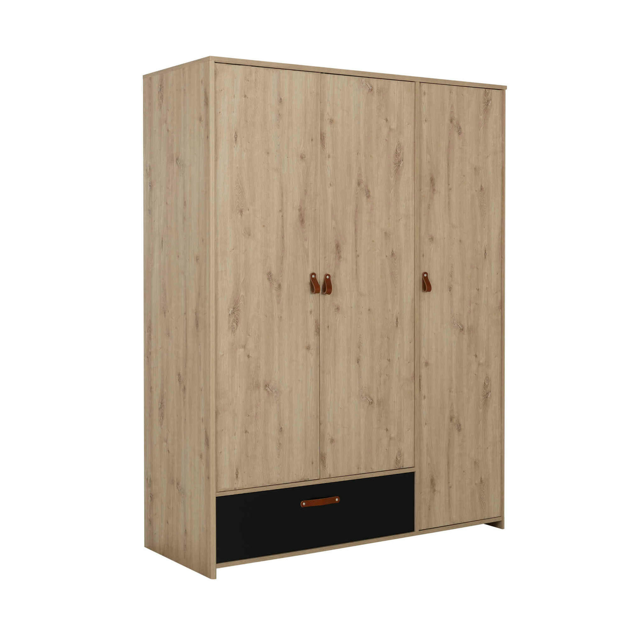 - Armoire 3 portes 1 tiroir en bois imitation chêne clair et noir 200cm