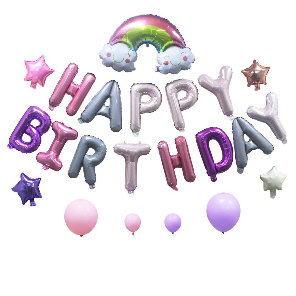 Kit arche à ballons alu et latex x48 Happy Birthday licorne tons rose et violet