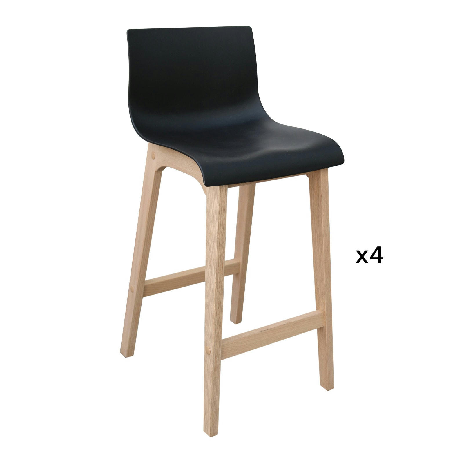 TANNA - Tabourets d'ilot 65 cm  pieds chêne assise plastique noire - Lot de 4