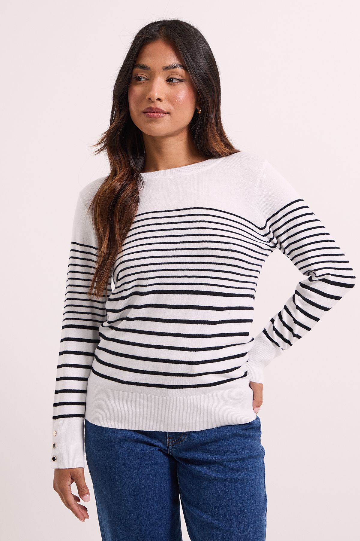 Dorothy Perkins Petite Stripe Crew Neck Button Cuff Jumper