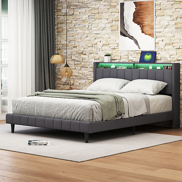 Lit Double Rembourré 140x200cm, Cadre de lit avec LED et Prise USB, sommier à Lattes, Gris