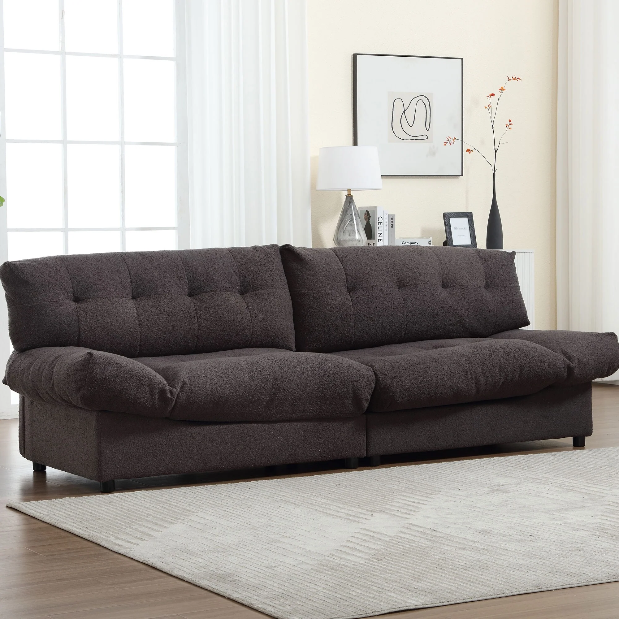 Brown 96.46'' Fabric 2-Seater Sofa with Comfy Padded Design, Cloud Style, and Plastic Feet for Living Room