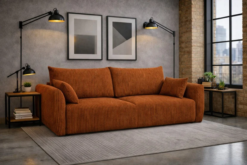 Sofa z funkcją spania i pojemnikiem, sztruks Poso, Miedziany, Zephira