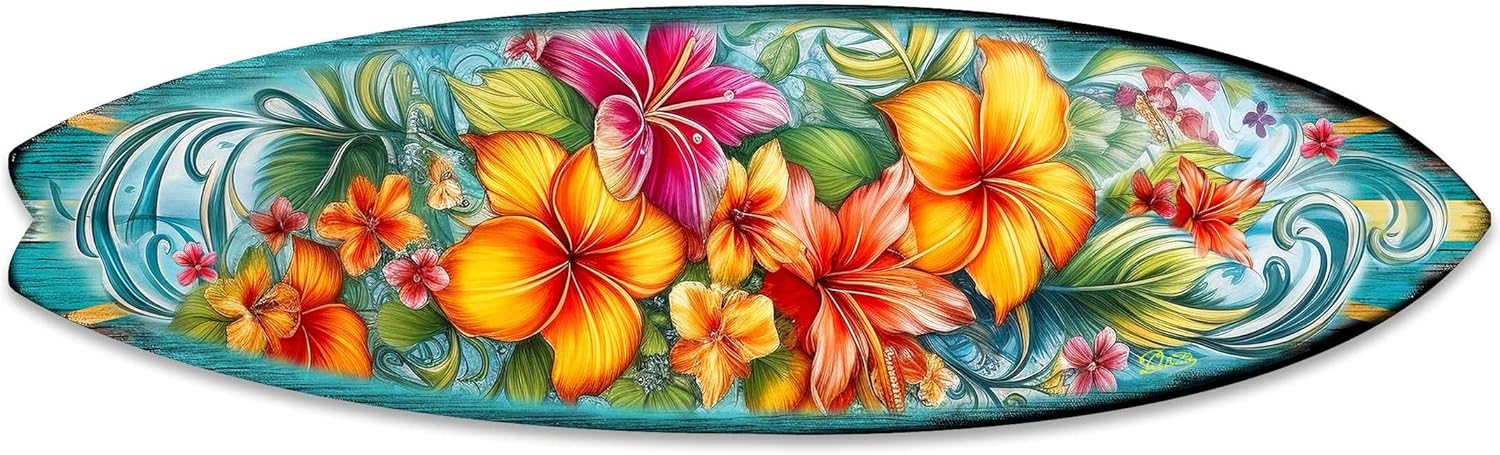 48-inch Hawaiian Flowers Surfboard Wall Art, Handcrafted Coastal Holiday Décor by G. Debrekht
