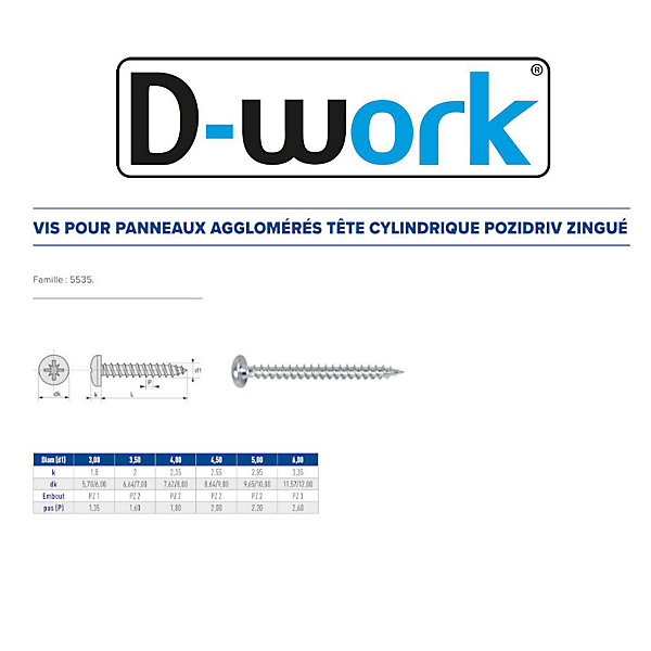 500 Vis Bois Tête Cylindrique Pozidriv 4 x 25 mm - Zingué blanc - D-Work