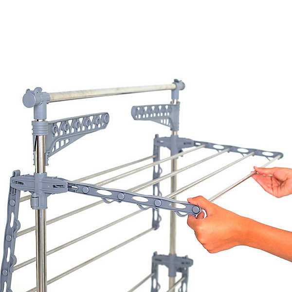 étendoir à linge multifonction sur roulettes grande capacité 30 m d'étendage, 4 niveaux et 2 portes-cintres, gris et inox, Kitchen Move Extra