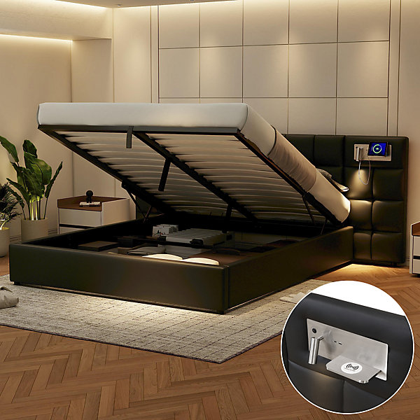 Lit 180x200 cm avec tête rembourrée, rangement hydraulique, port USB et recharge sans fil, PU noir