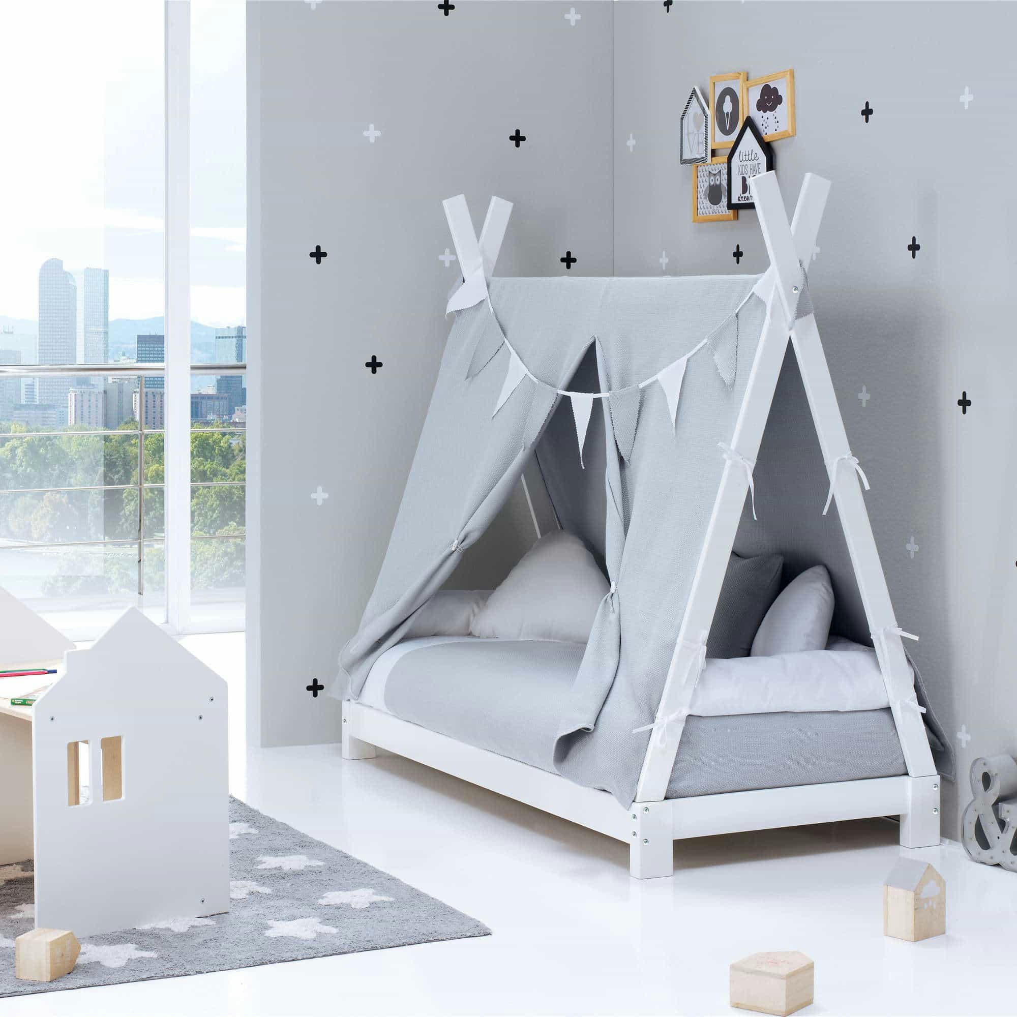 INDY - Lit Montessori pour bébé 70x140 cm avec textile en gris