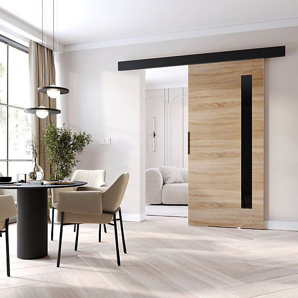 MINIO go for it, porte coulissante PRIM G 106 cm Portes de chambre, éléments décoratifs - noir/poignée noire, Chêne Sonoma/Noir