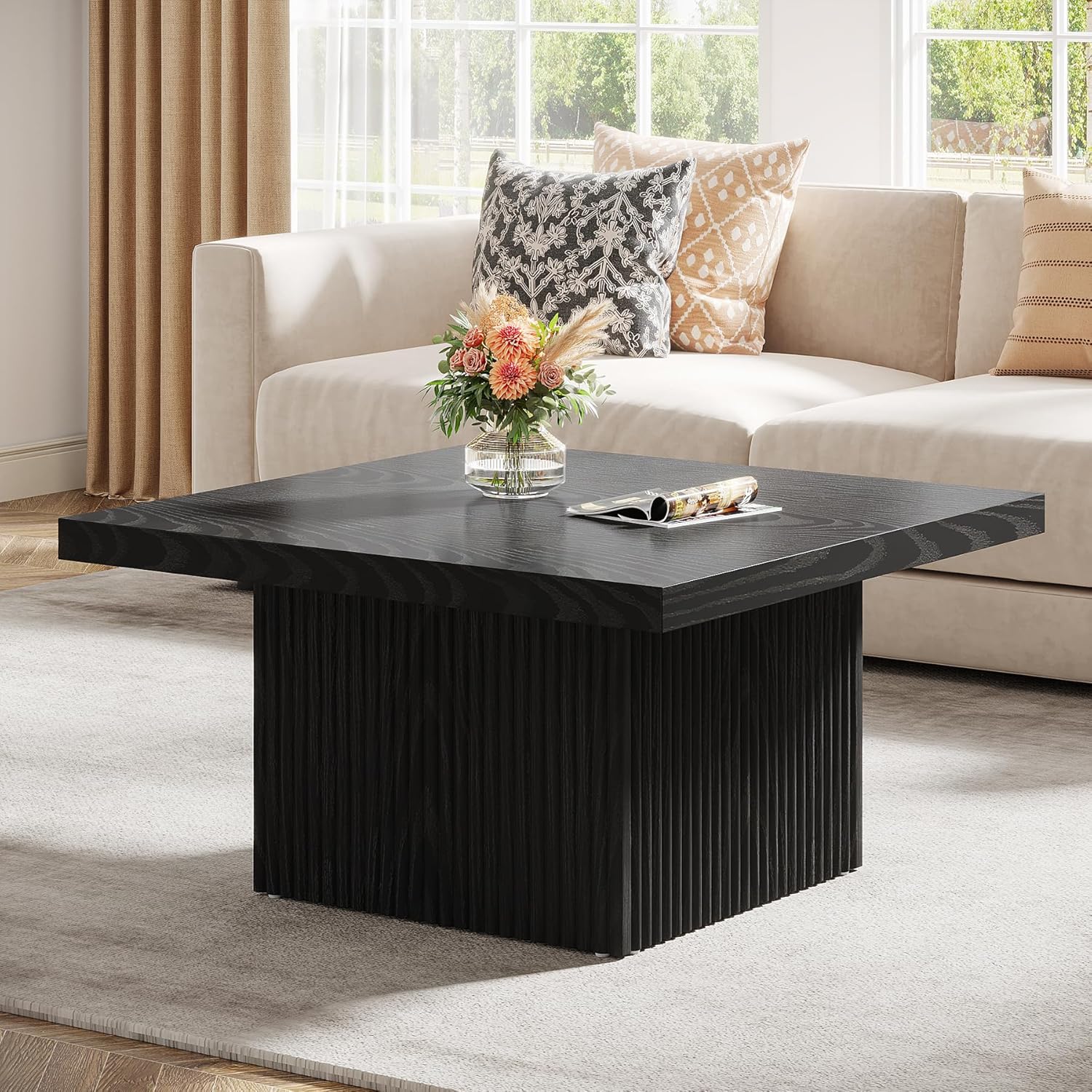 Tribesigns Square Coffee Table, 31.5-Inch Fluted Coffee Table, Mid-Century Modern Living Room Table, Large Cocktail Table for Living Room, Easy Assembly, Black