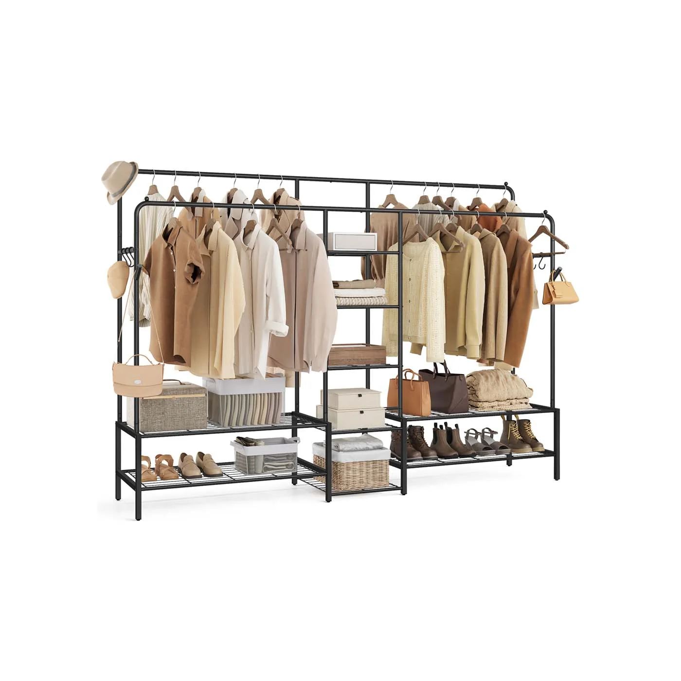 Portant à vêtements en métal avec plusieurs étagères