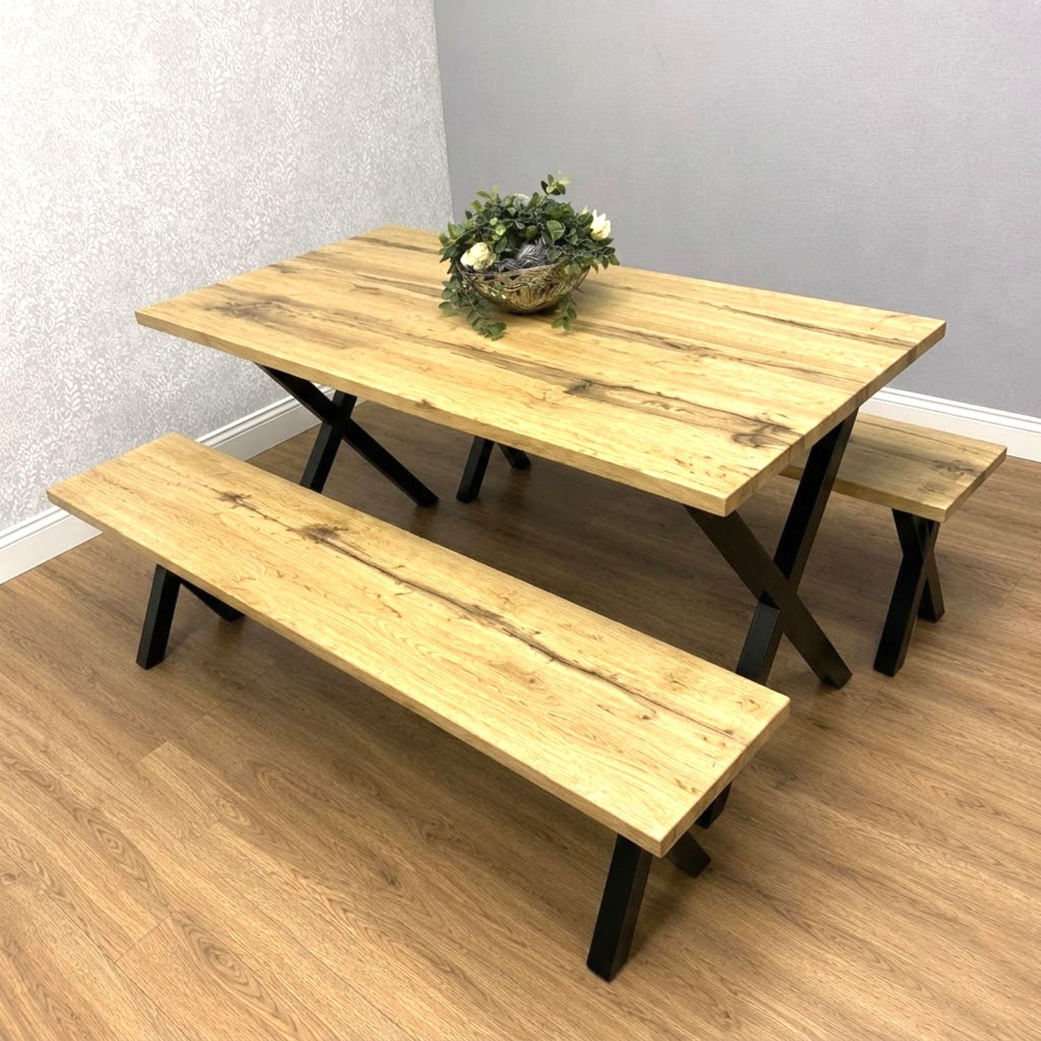 KOSY KOALA Dining Table and 2 Benches Set Wooden With Metal Legs for Dining Room