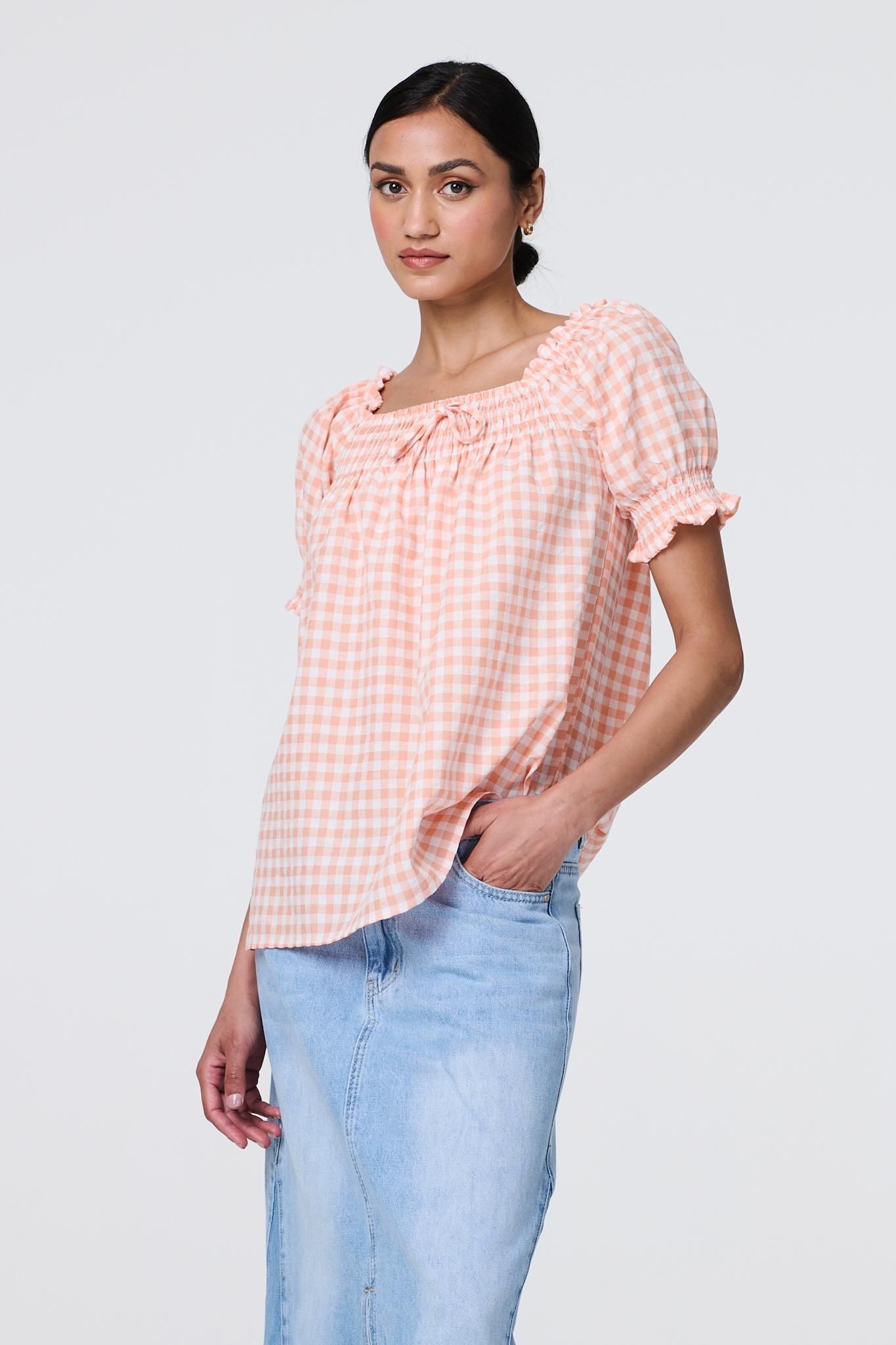 Izabel London Gingham Check Puff Sleeve Blouse