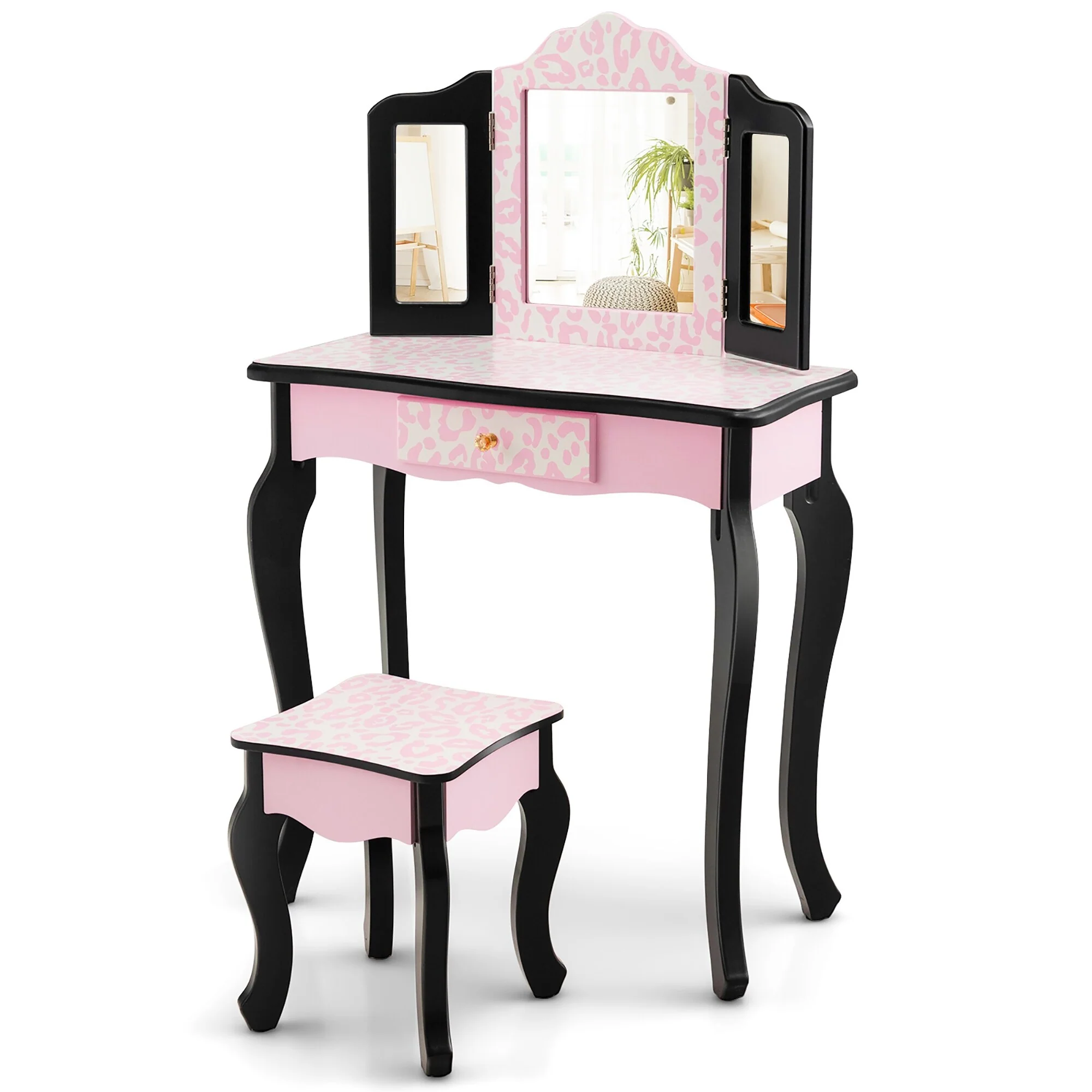 Costway Kid Vanity Set Wooden Makeup Table Stool Tri-Folding Mirror - See Details