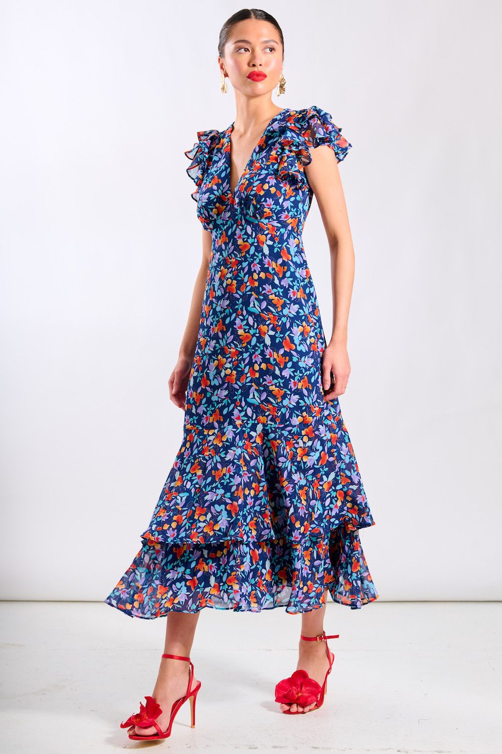 Needs No Label Blue Floral Ruffle Midi Dress