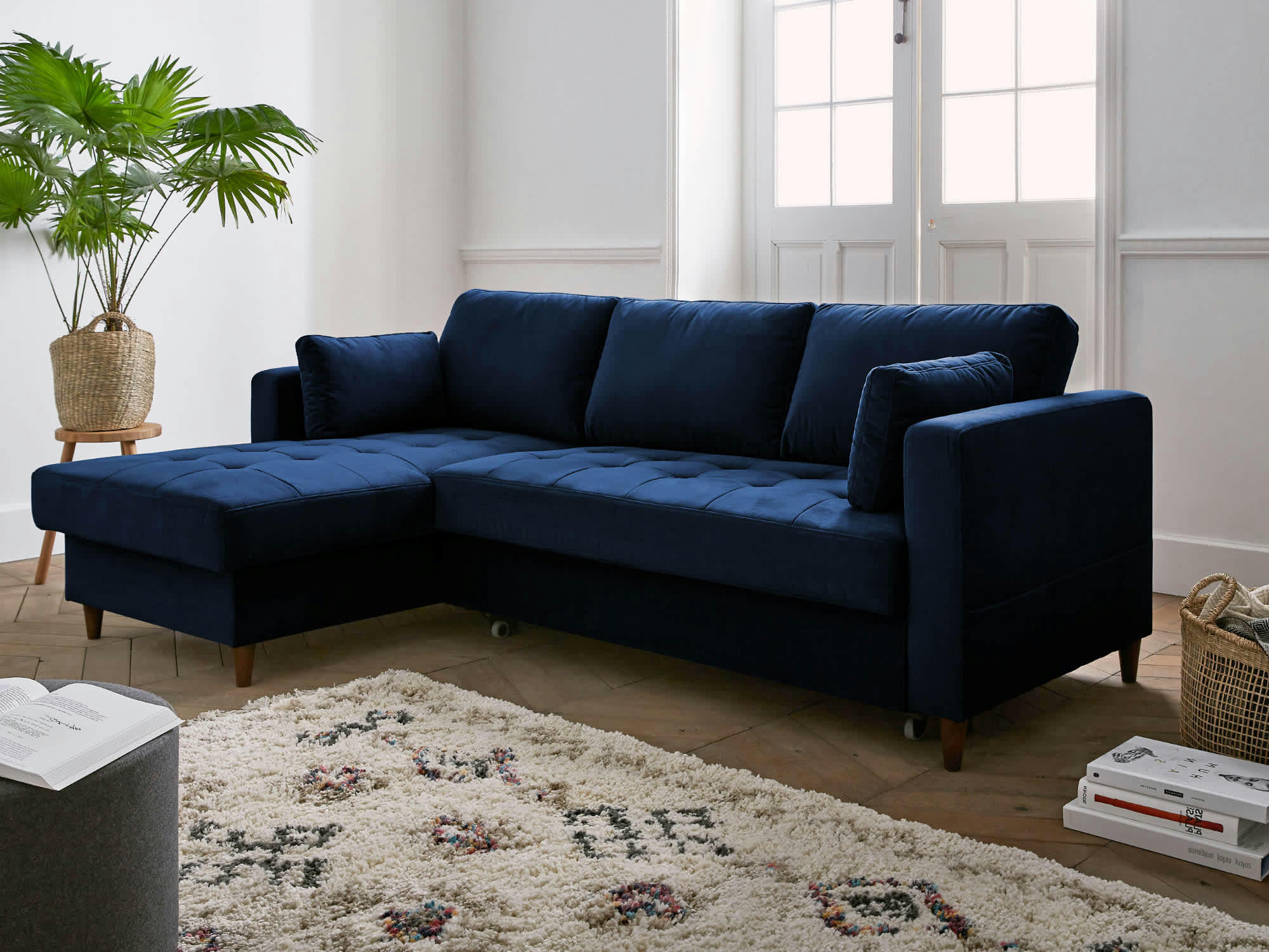 ANNA - Canapé d'angle gauche convertible 4 places en velours bleu nuit