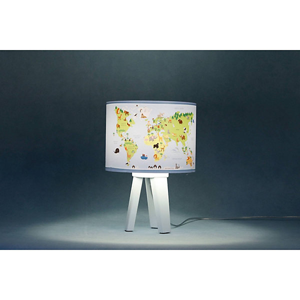 Lampe de chevet enfant Sweet Dream 22,5 x 22,5 x 33 cm Tissu PVC imprimé animaux du monde fond bleu clair, intérieur blanc