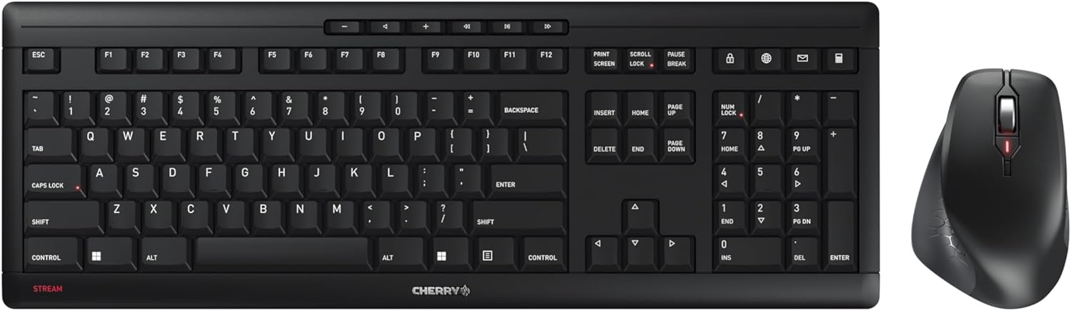 Cherry Stream Desktop Comfort, Wireless Keyboard and Mouse Combo, 2.4 GHz Connection, Whisper-Quiet Keys, Ergonomic Right-Handed Mouse, Battery-Powered, Black