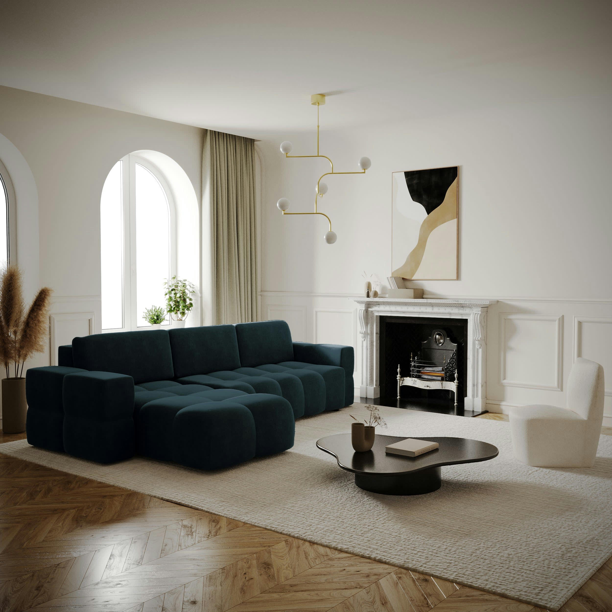 GABRIEL - Canapé d'angle gauche convertible coffre velours bleu paon 260x180cm