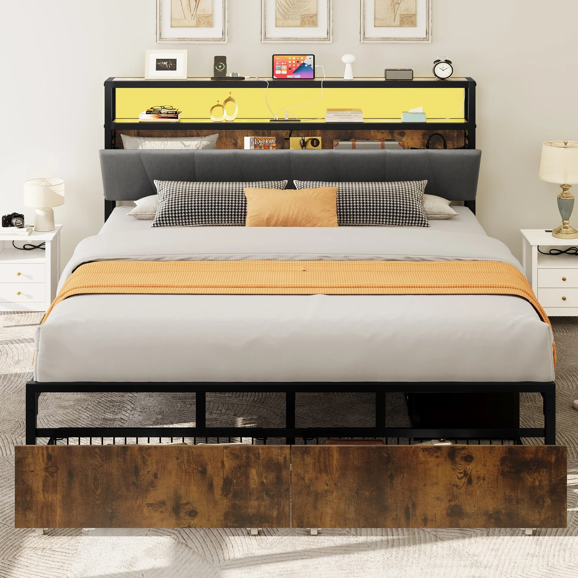 Queen Storage Bed Frame Upholstered Headboard Platform Bed
