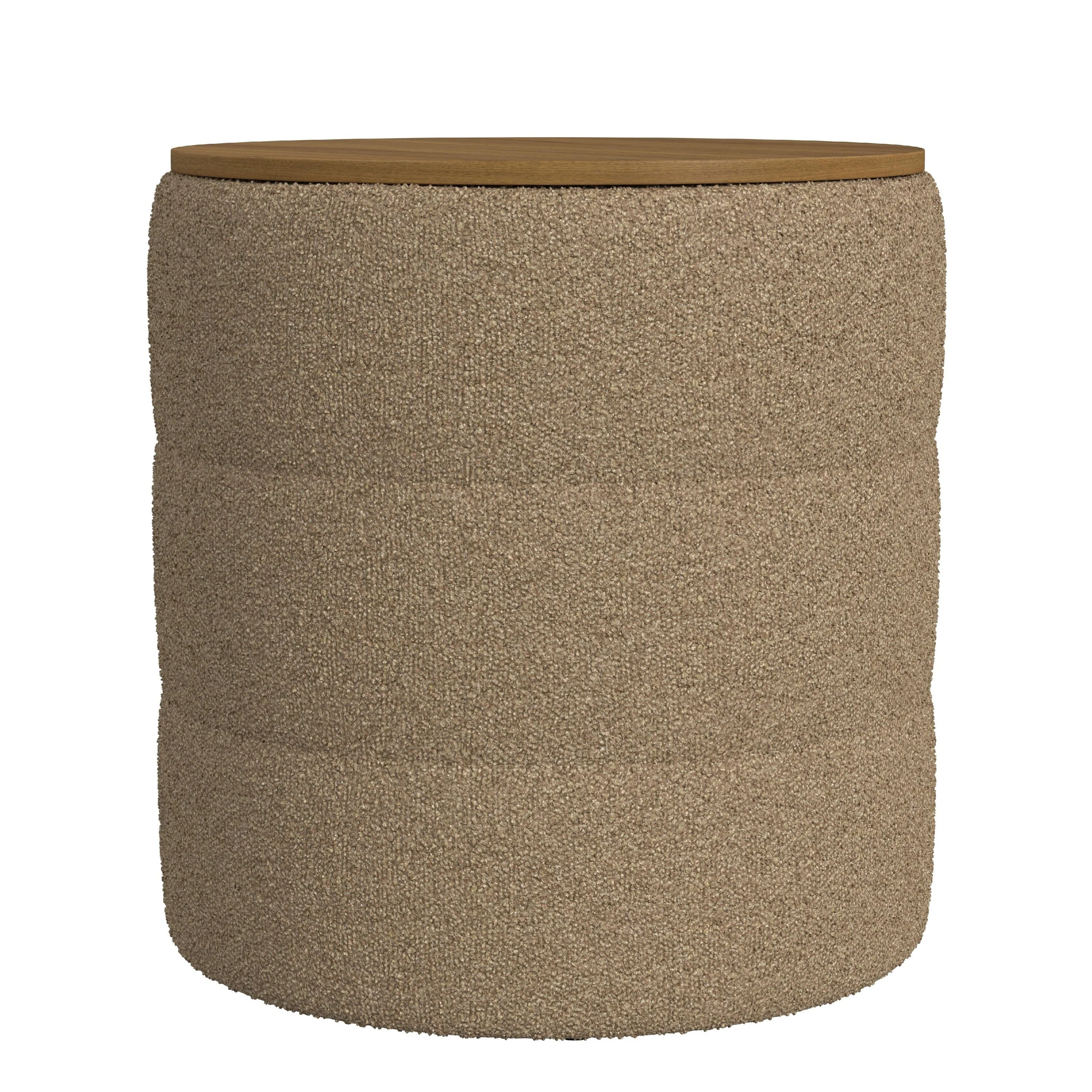 Mona Storage Ottoman, 19 Inch Round Lift Top, Channeled Brown Boucle