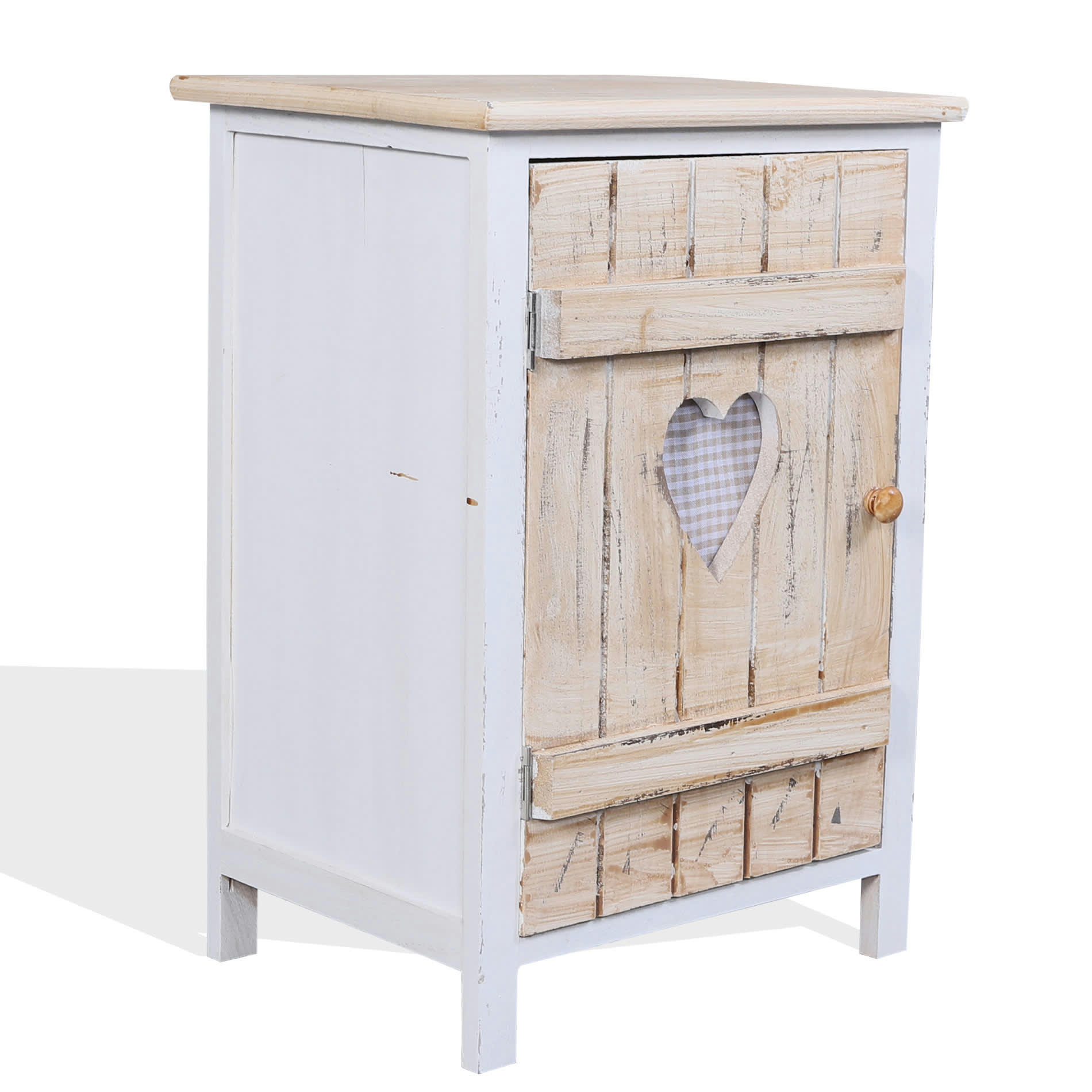 - Table de chevet coeurs avec 1 porte en bois blanc et beige