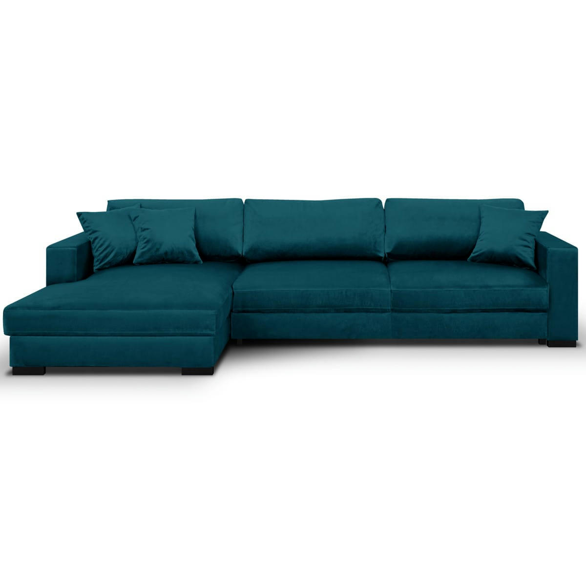 ROBIN - Canapé d'angle gauche convertible 5 places bleu canard avec coffre