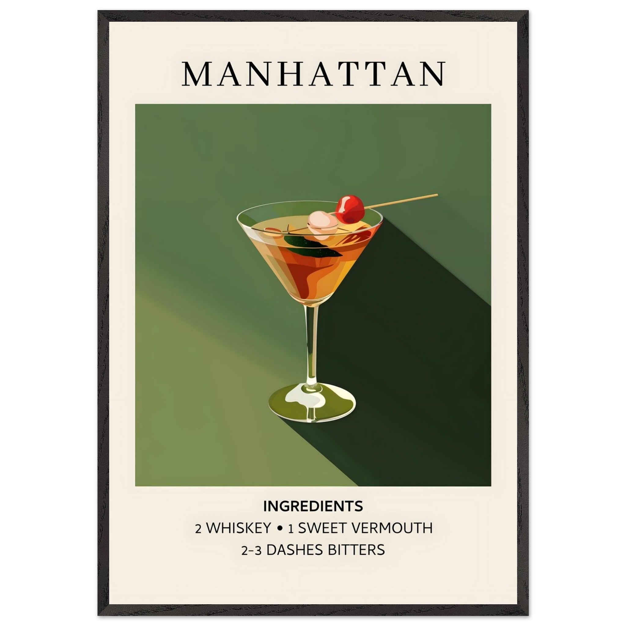 Artfulprints Poster met Lijst Manhattan cocktail - Ingrediënten  - 70x100 cm - Groen