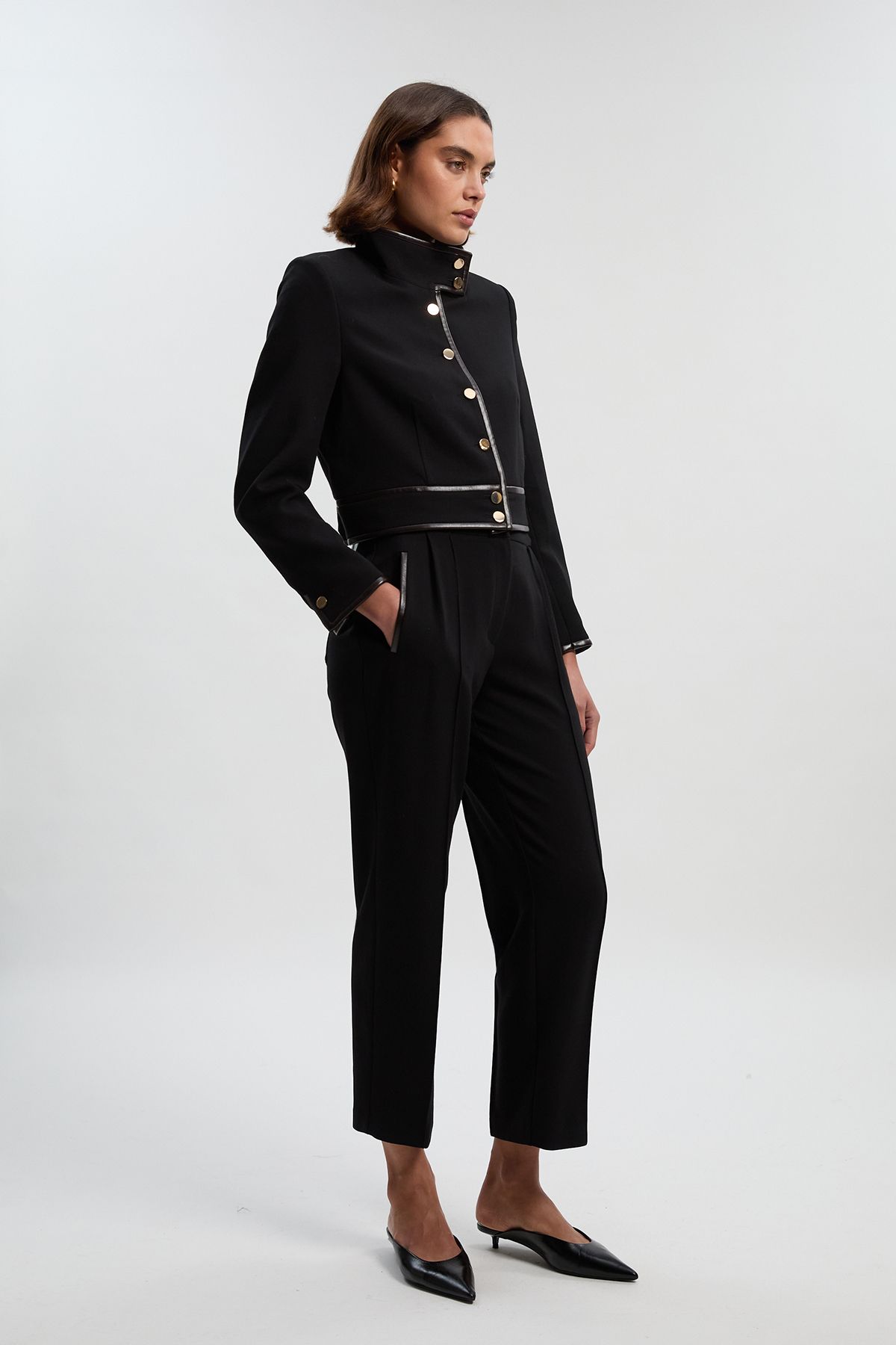 KarenMillen Compact Stretch Pu Mix Tailored Belted Jacket