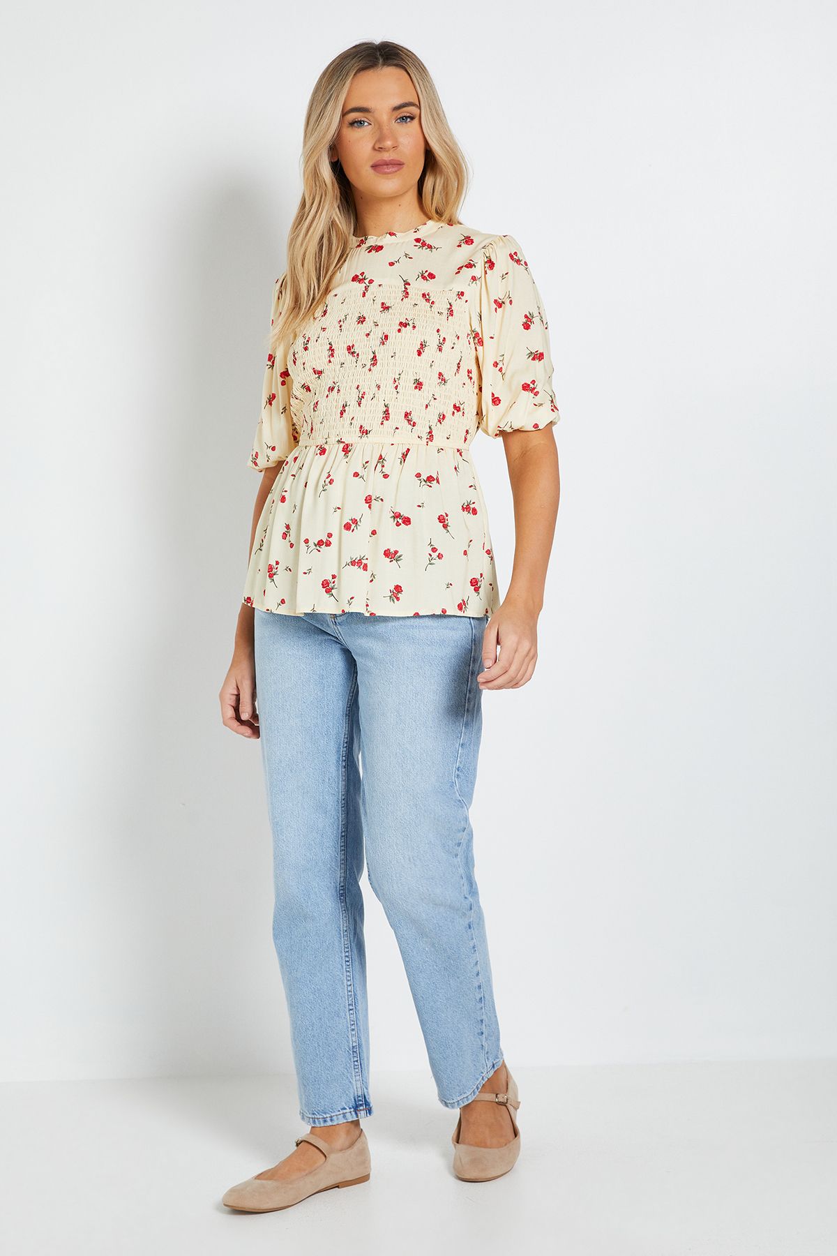 Dorothy Perkins Yellow Ditsy High Neck Shirred Bodice Top