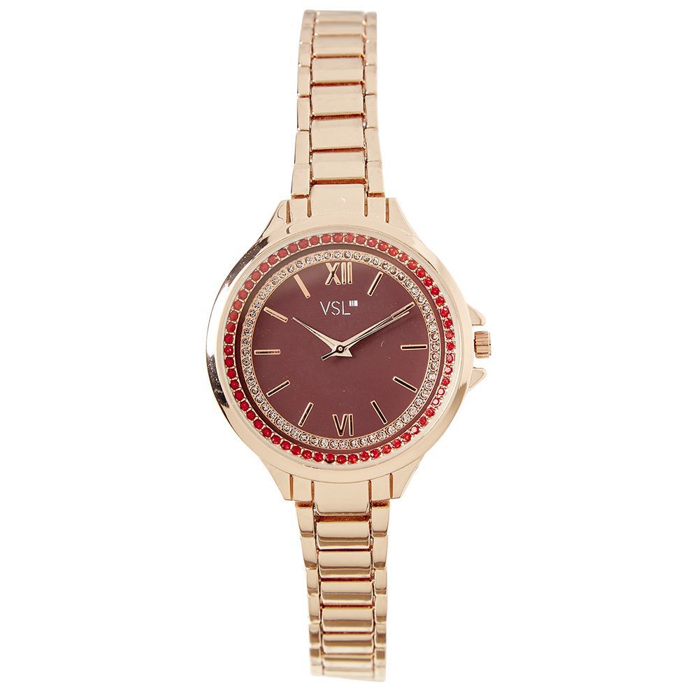Montre à cadran rond bordeaux avec strass bracelet doré
