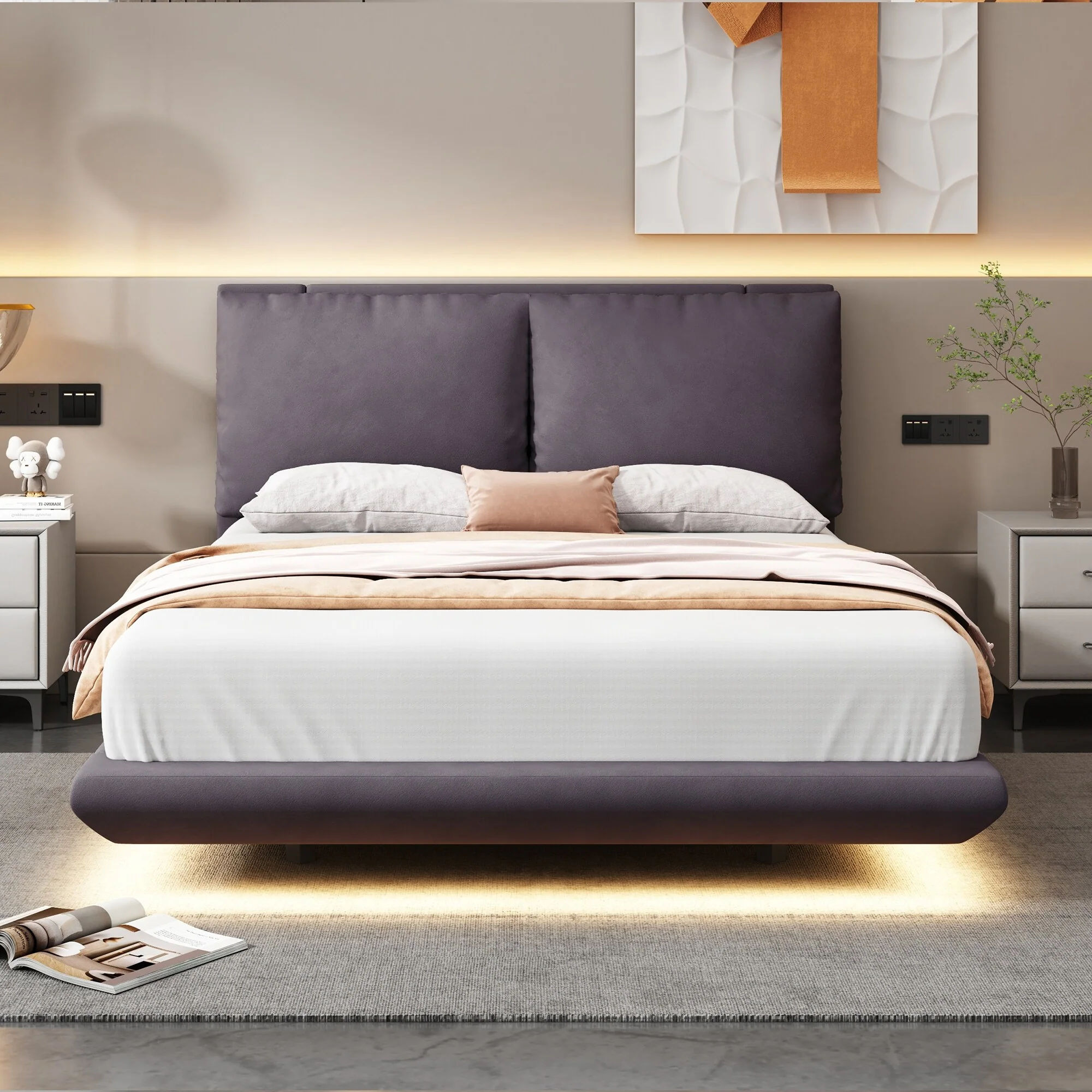 Full Size Upholstered Platform Bed with Motion Sensor Light, Floating Design, Dual USB Ports