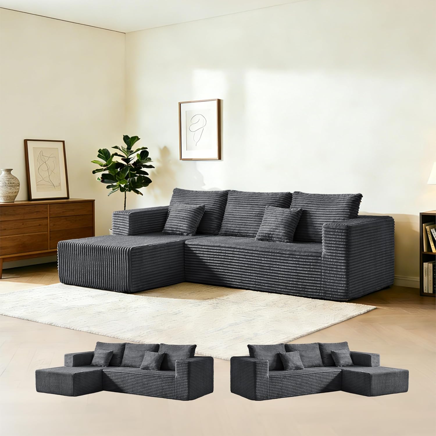 106 Corduroy Boneless Modular Sectional Sofa, Cloud-Louch Deep Seat Sofa with Left Chaise for Living Room & Bedroom（L-Shaped Left Hand Facing ）