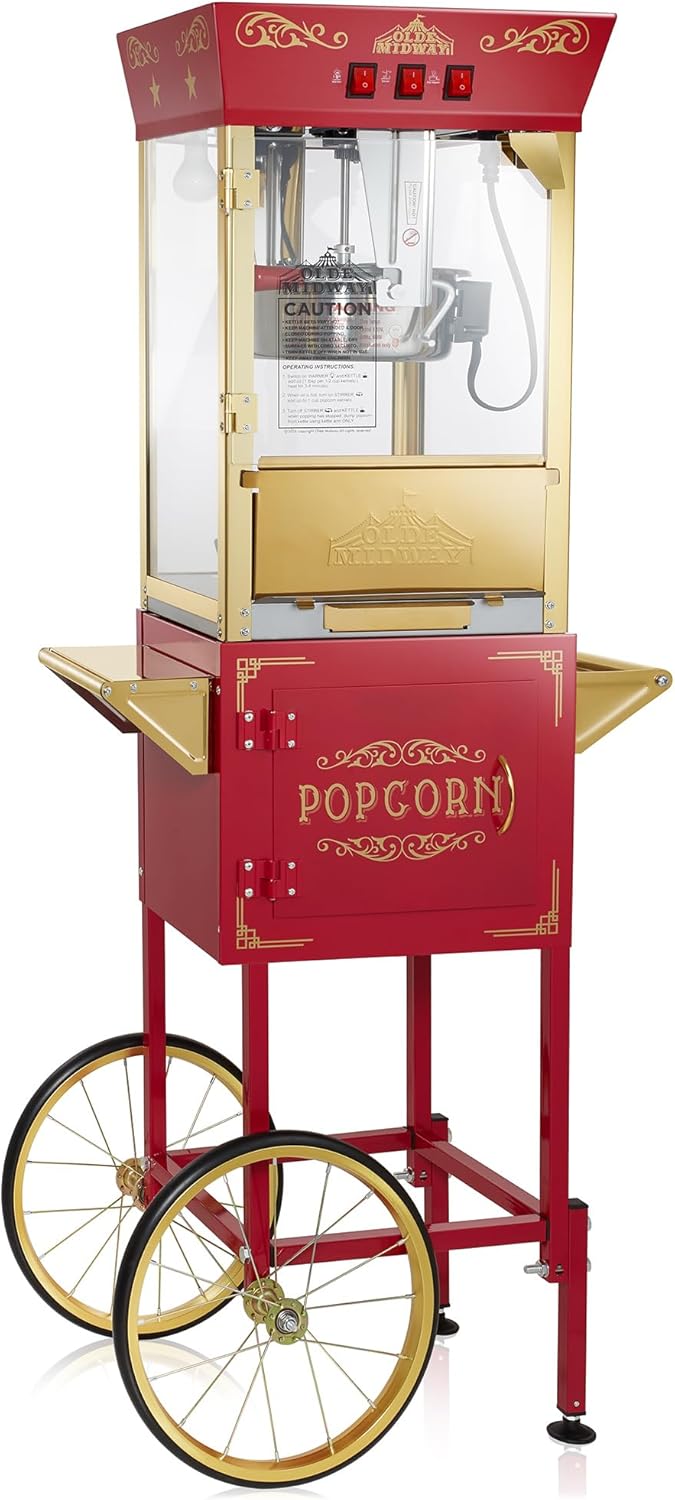 Olde Midway Movie Theater-Style Popcorn Machine Maker with Cart and 10-Ounce Kettle - Red, Vintage-Style Popper on Wheels