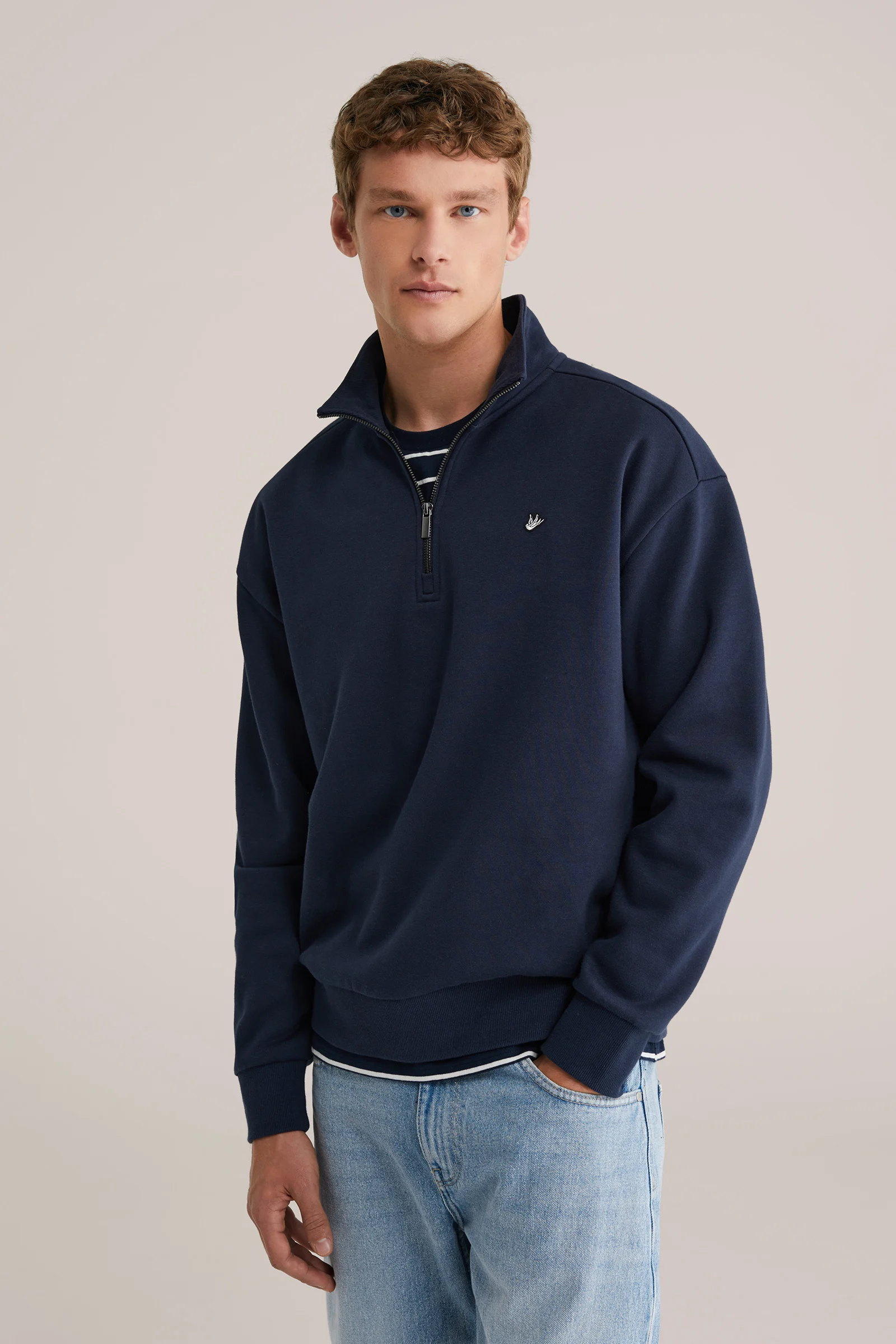 Heren regular fit sweater met quarter-zip en embroidery