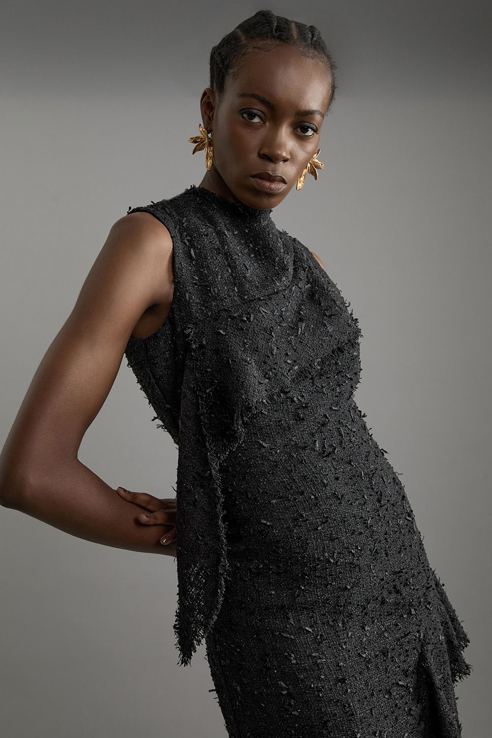 KarenMillen Metallic Boucle Tailored Sleeveless Asymmetric Midaxi Dress