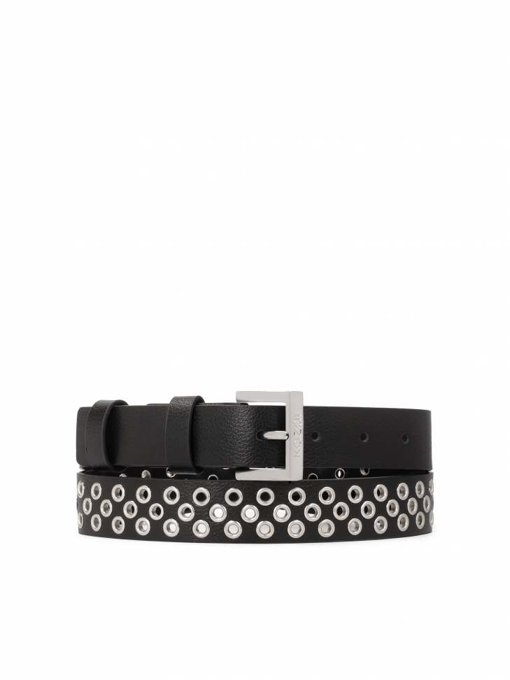 Black leather belt decorated with silver eyelets