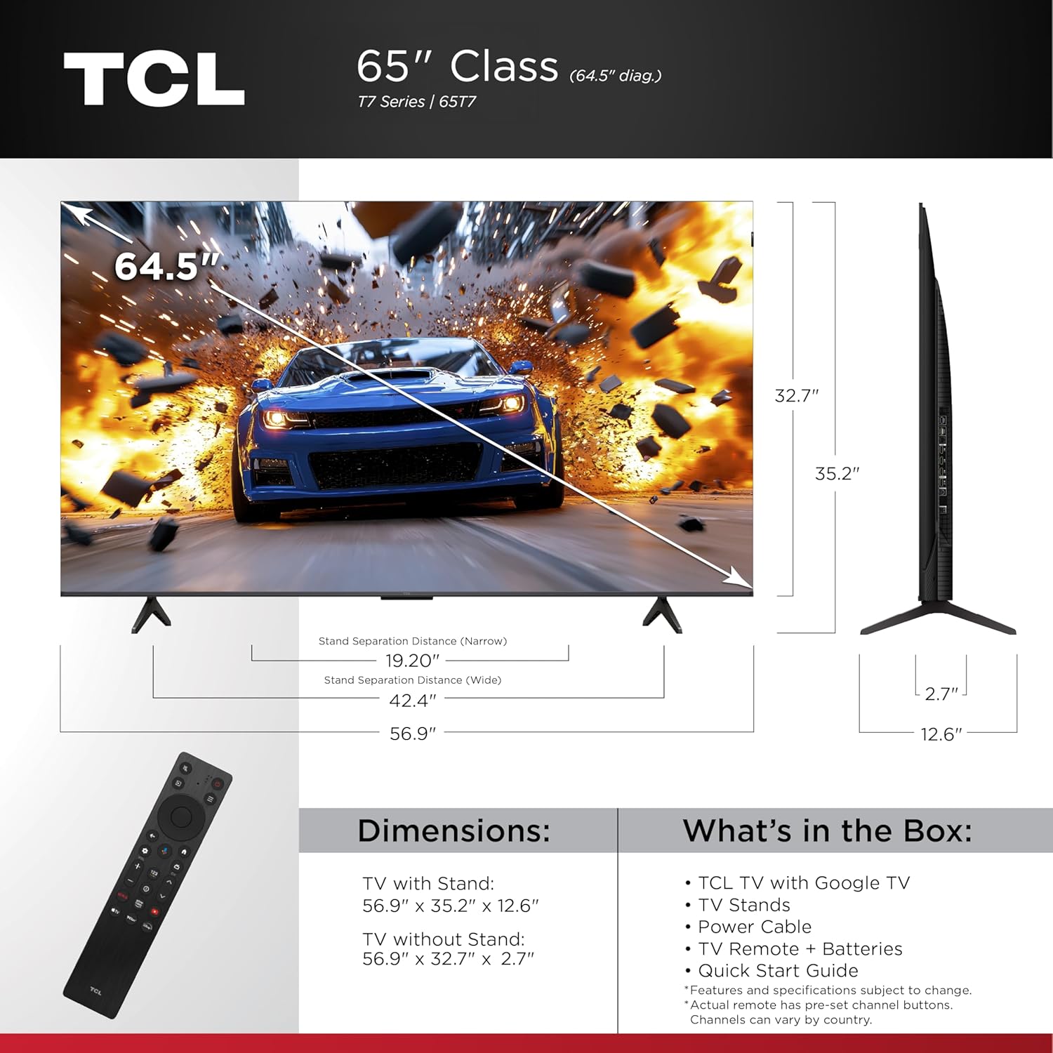 TCL 65 Inch Class T7 Series | 4K QLED HDR | 65T7  2025 Model | 120HZ-144HZ High Brightness Smart Google TV Dolby Atmos Audio | Voice Remote Alexa Gaming Streaming Television
