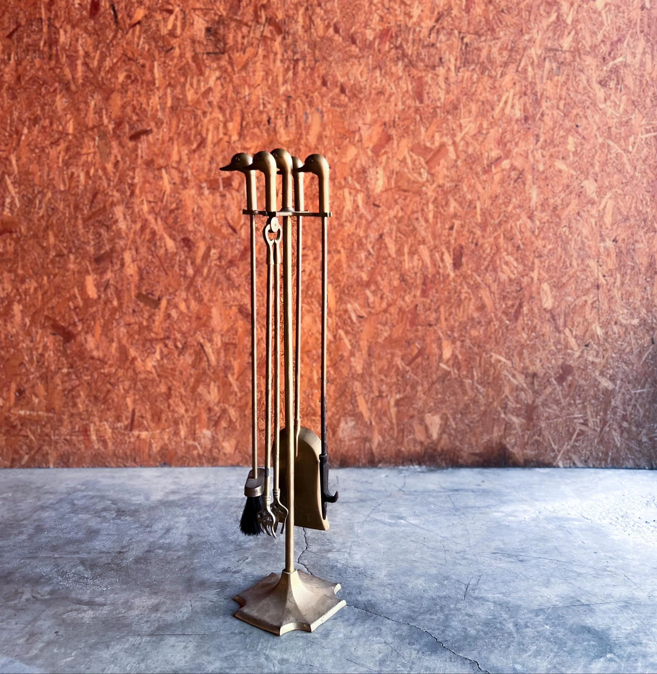 Midcentury Brass Fireplace Tools With Mallard Duck Head Motif