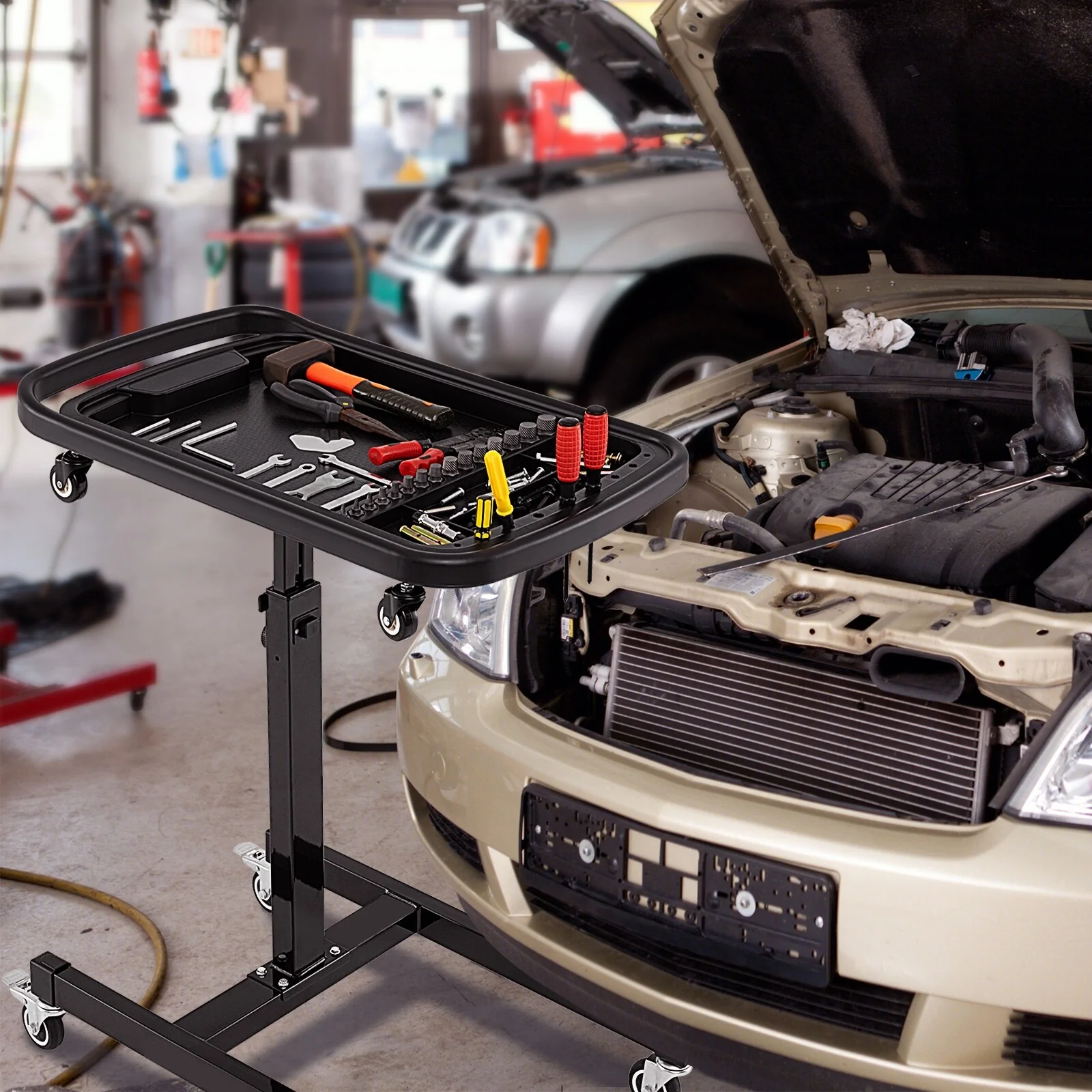 Black Metal Adjustable Tool Tray Cart with Casters and Removable Organizer - 30 L x 19 W x 31.5-48.5 H