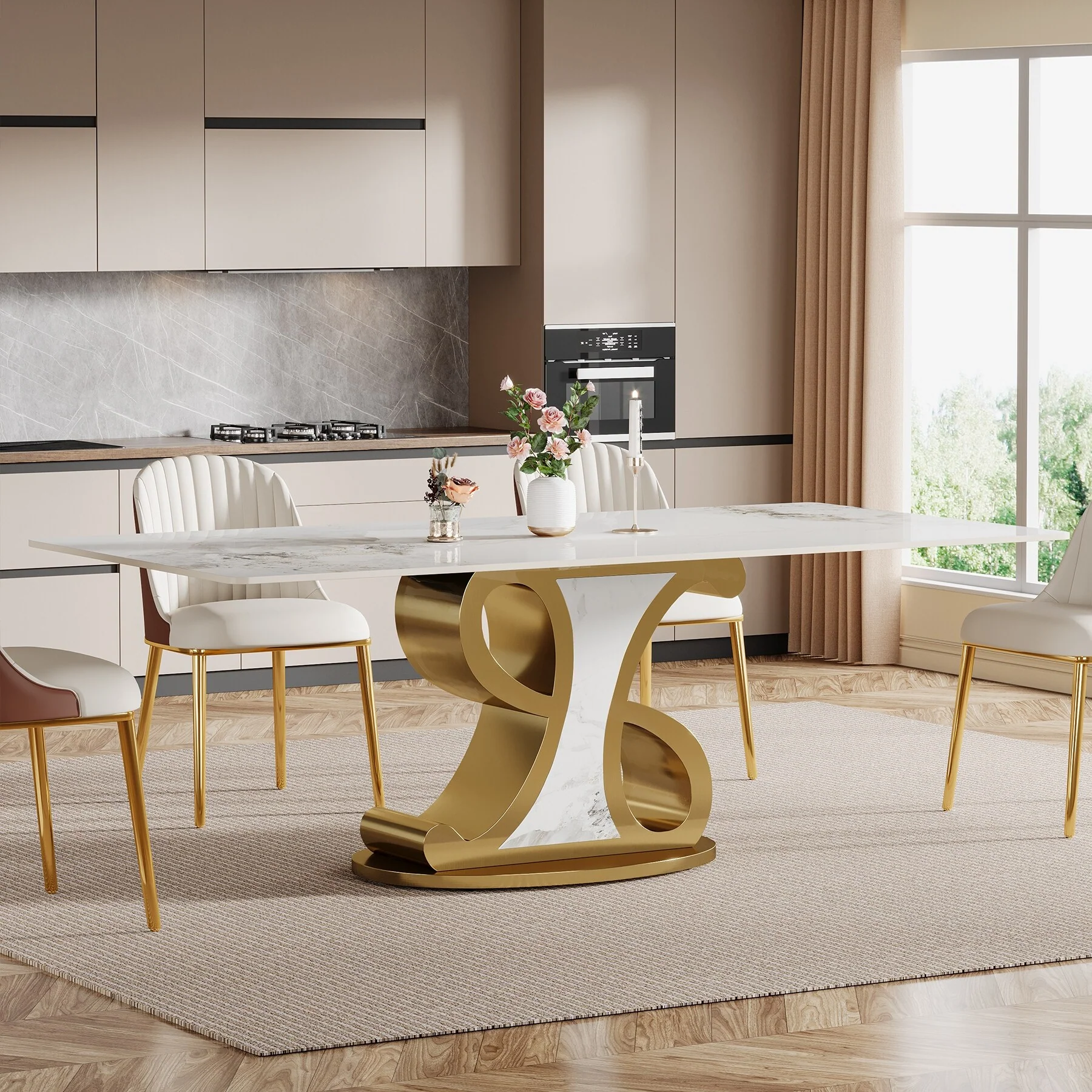 78.74 Luxury Rectangle Sintered Stone Dining Table with Stainless Steel Base